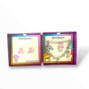 New Care Bear Pink Rainbow Cheer Bear Stud Earrings Necklace charm Silver Plated